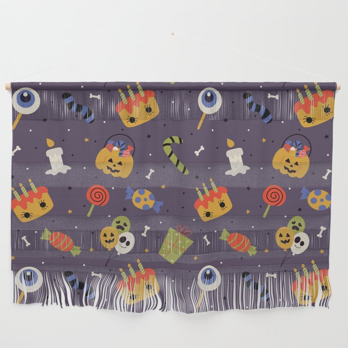 Seamless Pattern with Cartoon Halloween on Purple Background Wall Hanging