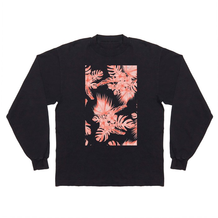 Tropical Palm Leaves Hibiscus Flowers Deep Coral Long Sleeve T Shirt