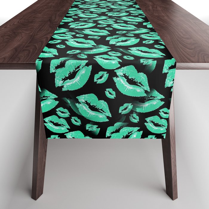 Two Kisses Collided Lip Affectionate Aqua Colored Lips Pattern Table Runner