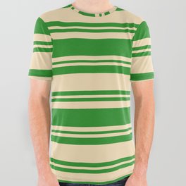 [ Thumbnail: Forest Green and Tan Colored Lined Pattern All Over Graphic Tee ]