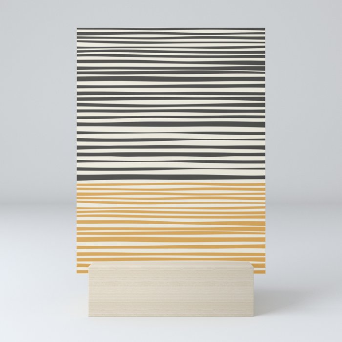 Natural Stripes Modern Minimalist Colour Block Pattern Charcoal Grey, Muted Mustard Gold, and Cream Beige Mini Art Print