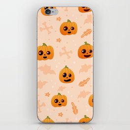 Cute Pumpkin Face Seamless Pattern on Light Background with Bats and Bones, Halloween Ornate iPhone Skin