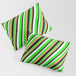 [ Thumbnail: Brown, Black, White & Lime Colored Lined/Striped Pattern Pillow Sham ]