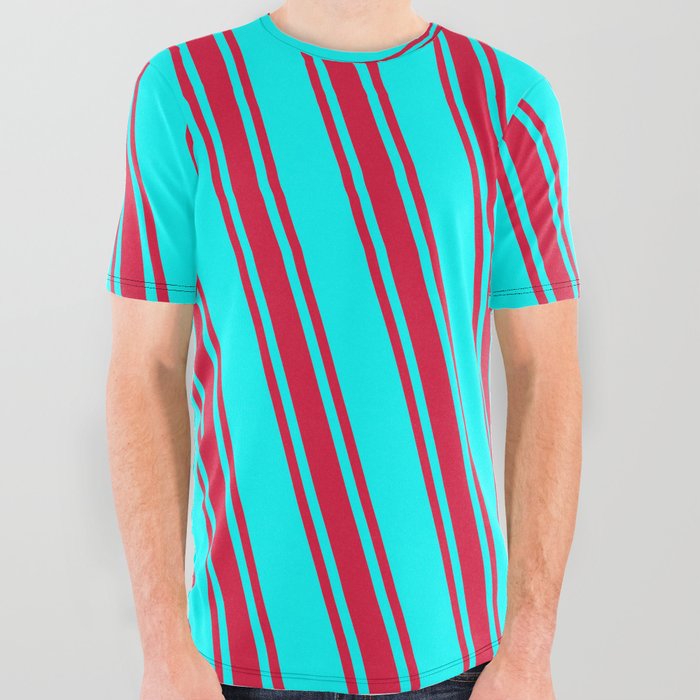 Cyan & Crimson Colored Stripes Pattern All Over Graphic Tee
