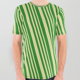 [ Thumbnail: Pale Goldenrod and Forest Green Colored Lined/Striped Pattern All Over Graphic Tee ]