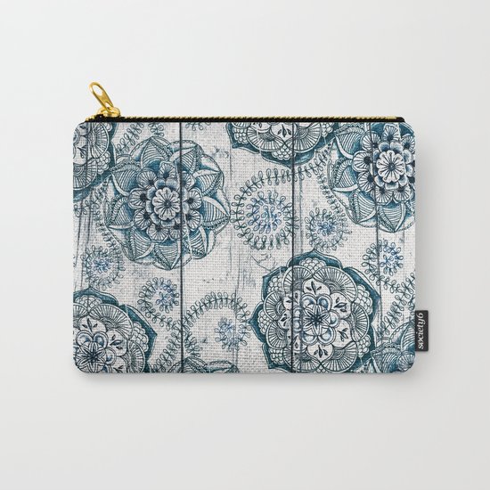 Navy Blue Floral Doodles on Wood Carry-All Pouch