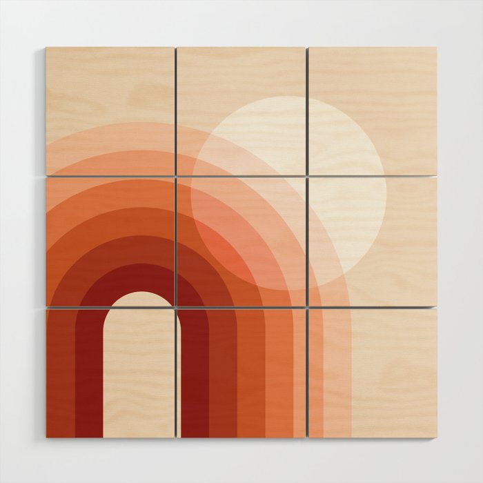 Mid Century Modern Geometric 79 in Earthy Terracotta Shades (Sun and Rainbow abstraction) Wood Wall Art