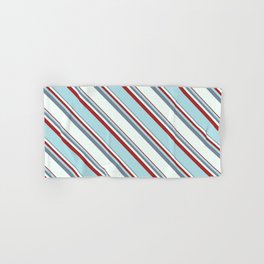 [ Thumbnail: Light Slate Gray, Mint Cream, Brown & Powder Blue Colored Lined/Striped Pattern Hand & Bath Towel ]