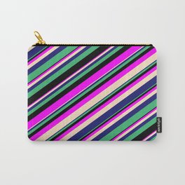 [ Thumbnail: Eyecatching Fuchsia, Bisque, Midnight Blue, Sea Green & Black Colored Lines/Stripes Pattern Carry-All Pouch ]