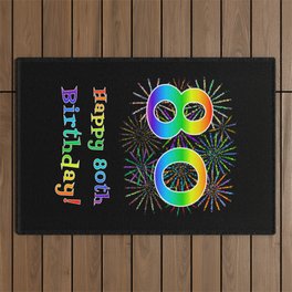 [ Thumbnail: 80th Birthday - Fun Rainbow Spectrum Gradient Pattern Text, Bursting Fireworks Inspired Background Outdoor Rug ]