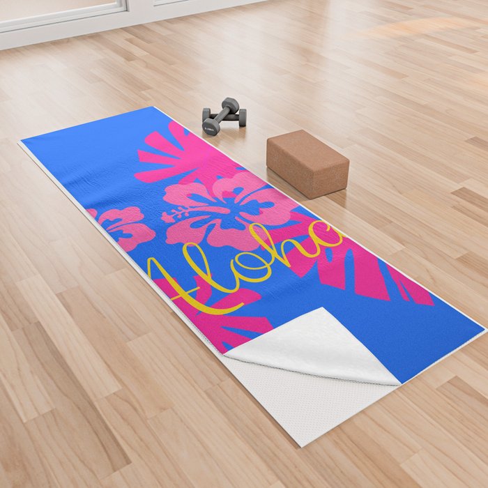 Aloha! with Lush Bright Pink Tropical Leaves, Flowers, and Blue Skies  Yoga Towel