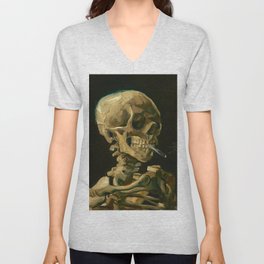 Vincent Van Gogh Skull of a Skeleton with Burning Cigarette V Neck T Shirt