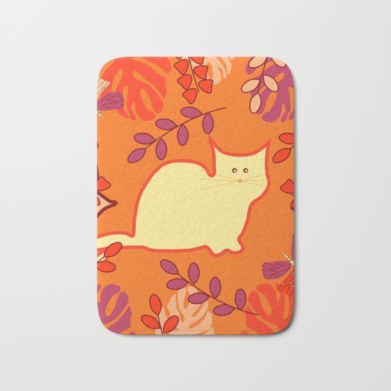 Curious cat, butterflies and leaves Bath Mat