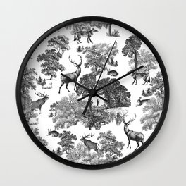 Elegant Vintage Black White Deer Fox Hare Country Toile  Wall Clock