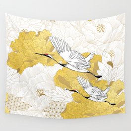Chinese seamless pattern with gold texture vintage. Peony flower with crane birds object in vintage style. Abstract art illustration.  Wall Tapestry