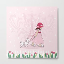 Paris Girl & Poodle Eiffle Tower Metal Print | French, Eiffeltower, Frenchgirl, Painting, Illustration, Drawing, Children, Nurseryart, Whitepuppy, Girlsroomdecor 