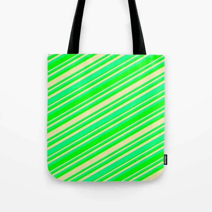 Green, Lime, and Pale Goldenrod Colored Pattern of Stripes Tote Bag
