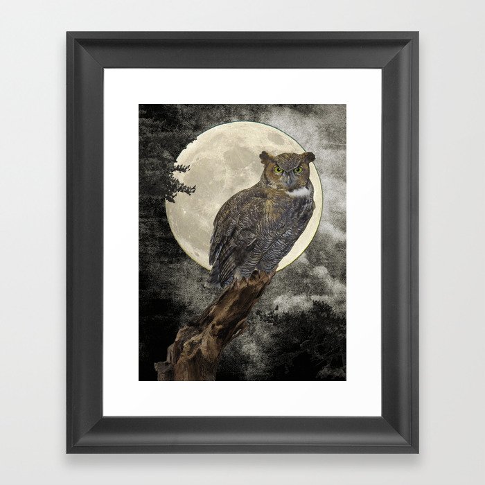 Rustic Great Horned Owl Bird Moon A271 Framed Art Print