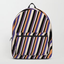 [ Thumbnail: Brown, Dark Slate Blue, Beige & Black Colored Striped Pattern Backpack ]