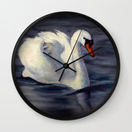 Swan Swimming in Sunshine, Oil Pastel Painting Wall Clock