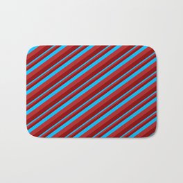 [ Thumbnail: Deep Sky Blue, Red & Dark Red Colored Lines Pattern Bath Mat ]