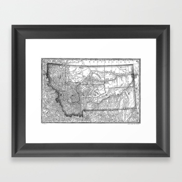 Vintage Map of Montana (1881) BW Framed Art Print