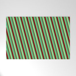 [ Thumbnail: Light Green, Maroon & Sea Green Colored Stripes/Lines Pattern Welcome Mat ]