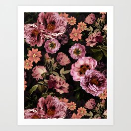 Lush Vintage Romantic Moody Florals Night Garden  Art Print