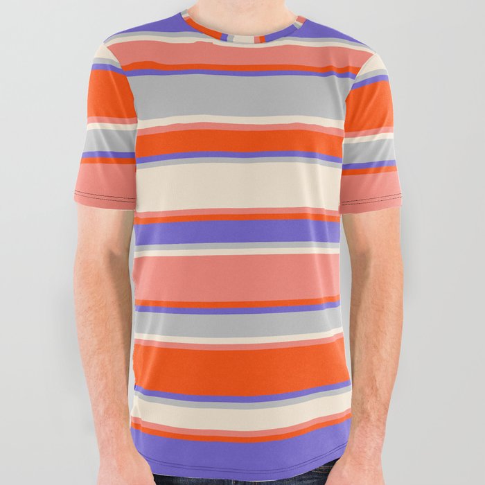 Eye-catching Slate Blue, Grey, Beige, Salmon, and Red Colored Striped Pattern All Over Graphic Tee