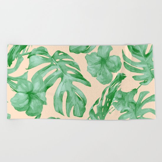 Tropical Coral Green Leaves Flower Pattern Beach Towel