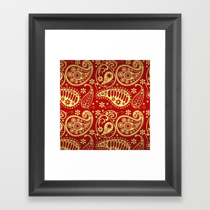 Red And Gold Bandana Paisley Christmas Pattern Framed Art Print