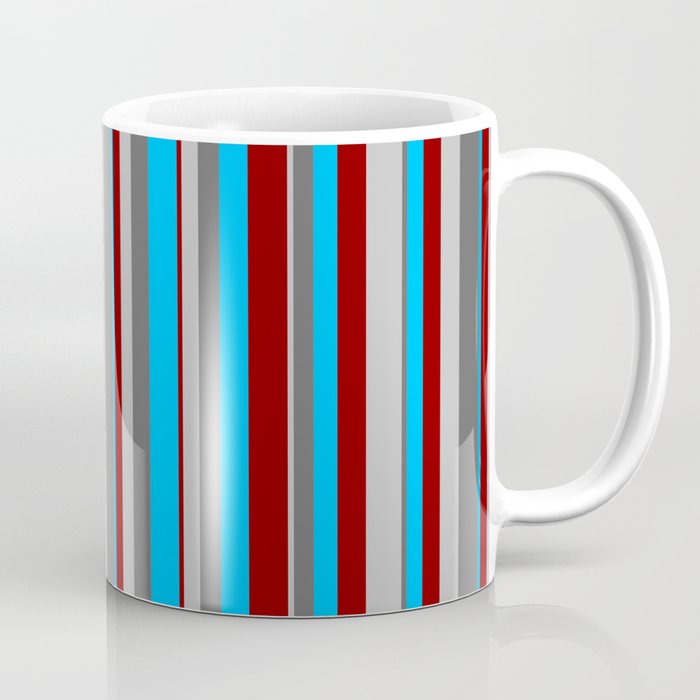 Grey, Dim Grey, Deep Sky Blue & Dark Red Colored Stripes Pattern Coffee Mug