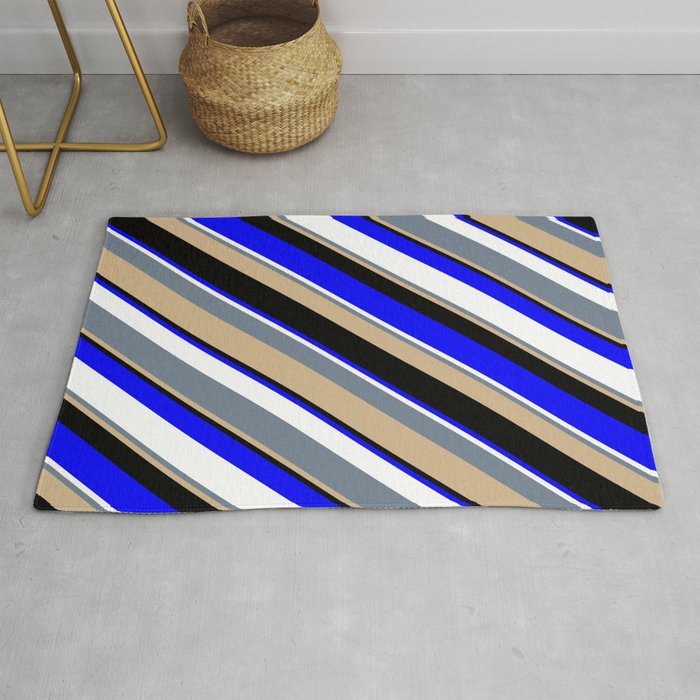 Vibrant Slate Gray, Tan, Black, Blue, and White Colored Striped/Lined Pattern Rug
