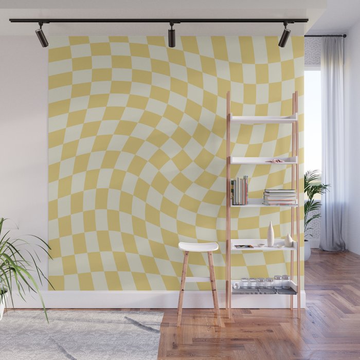 Pastel Yellow Checkerboard Wavy Swirl Geometric Pattern Cute Wall Mural