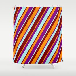 [ Thumbnail: Turquoise, Maroon, Dark Orange & Purple Colored Striped Pattern Shower Curtain ]