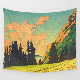 Summer Sunset in Hekito - Forest by the Hills Nature Landscape in Yellow, Orange and Blue Wall Tapestry