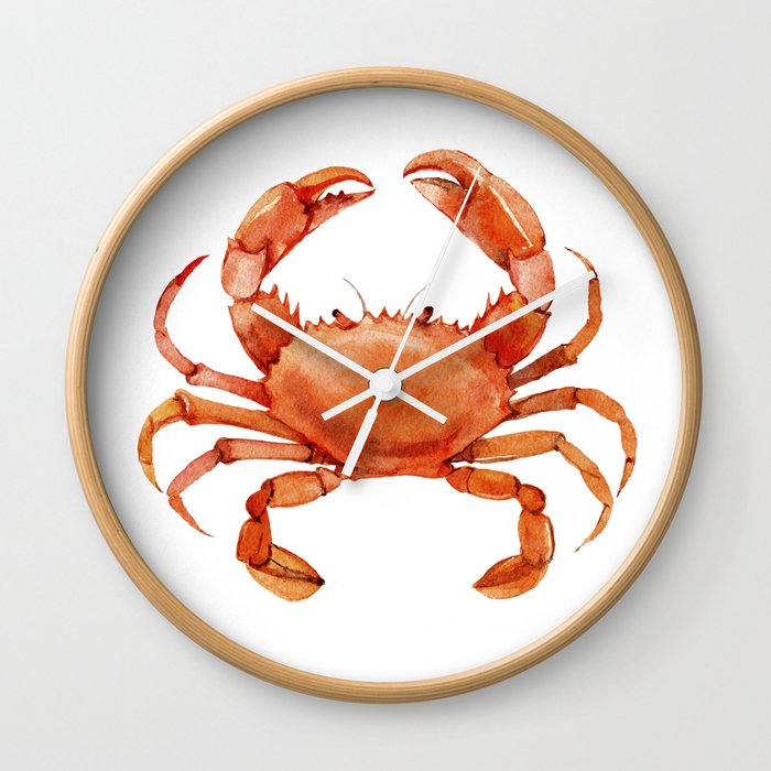 Watercolor Red Crab on White Minimalist Coastal Art - Treasures of the Sea Collection Wall Clock