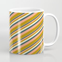 [ Thumbnail: Beige, Dark Slate Gray, Light Salmon, and Dark Goldenrod Colored Stripes Pattern Coffee Mug ]