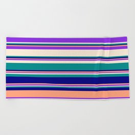[ Thumbnail: Eyecatching Light Salmon, Purple, Beige, Dark Cyan & Blue Colored Lined/Striped Pattern Beach Towel ]