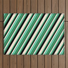 [ Thumbnail: Beige, Aquamarine, Sea Green, and Black Colored Lined/Striped Pattern Outdoor Rug ]