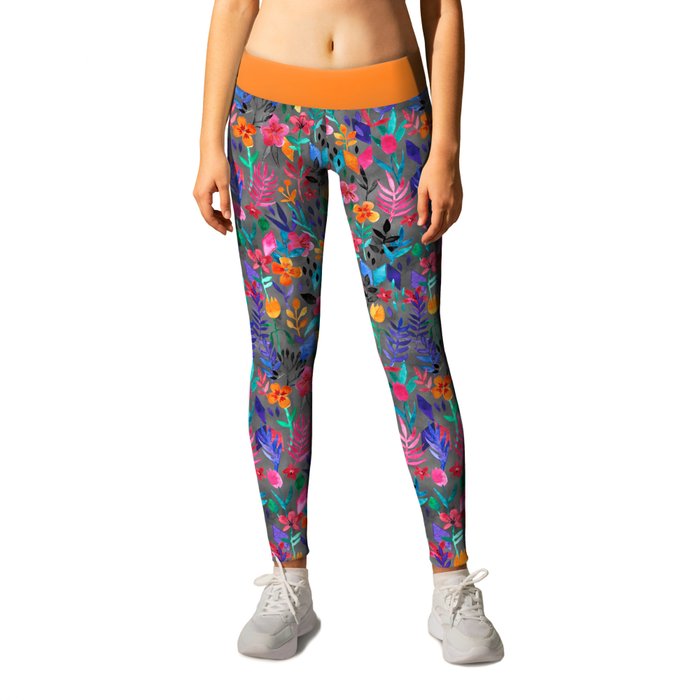 Popping Color Painted Floral on Grey Leggings