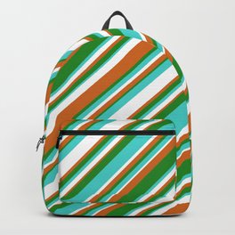 [ Thumbnail: Chocolate, Forest Green, Turquoise, and White Colored Stripes/Lines Pattern Backpack ]