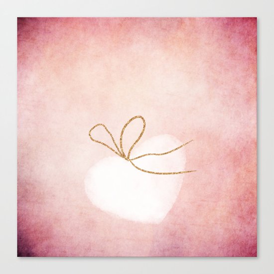 LOVE in pink - Watercolor heart with gold bow on pink backround Canvas Print