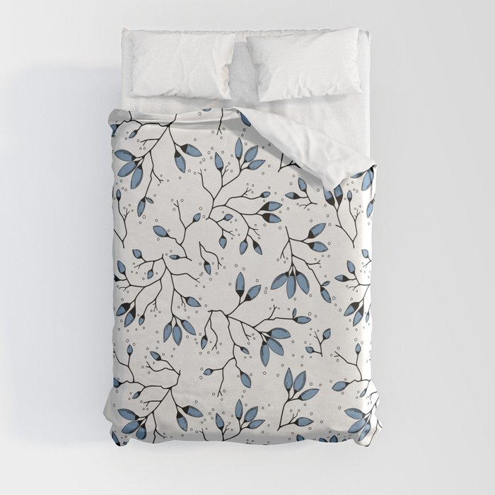 Blue blossom branch pattern on a white background  Duvet Cover