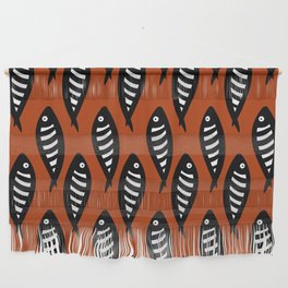 Abstract black and white fish pattern Burnt orange Wall Hanging