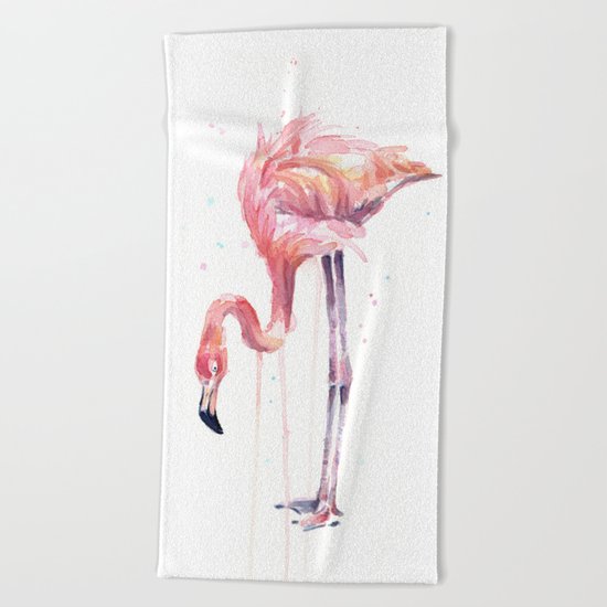 Flamingo Watercolor Painting Art Tropical Birds | Facing Left Beach Towel
