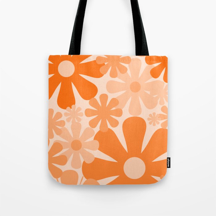 Retro 60s 70s Flowers - Vintage Style Floral Pattern Orange Tote Bag