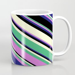[ Thumbnail: Sea Green, Orchid, Midnight Blue, Black, and Light Yellow Colored Lines/Stripes Pattern Coffee Mug ]