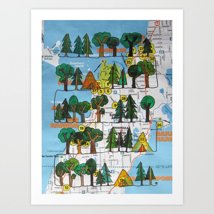 Door County Wi Continuous Line Drawing On Vintage Map Art Print By Abbeyfinn