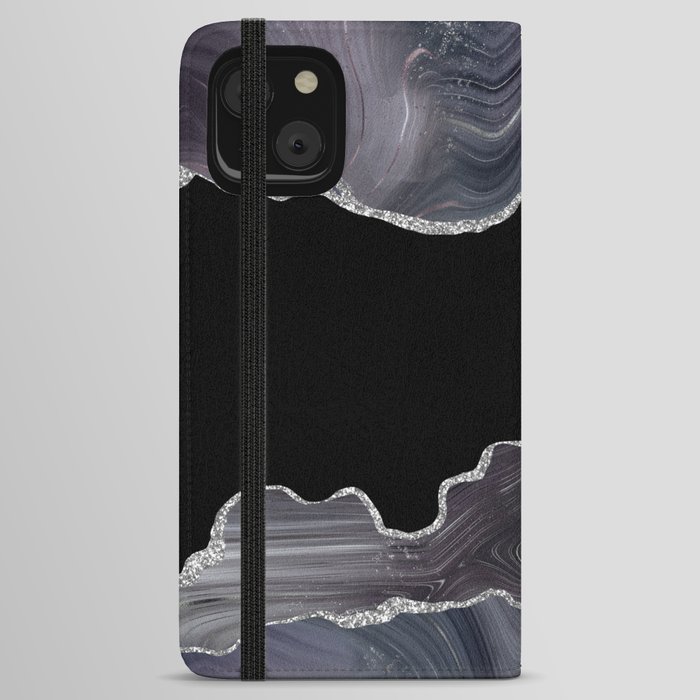 Black & Silver Glitter Agate Texture 03 iPhone Wallet Case